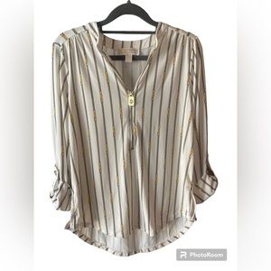 Michael Michael Kors Bone & Gold Zip Front Chain Print Blouse - Size Small